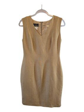FRANCO MIRABELLI SIZE 10 TAN SLEEVELESS SHEATH CHEVRON PATTERN LINEN BLEND